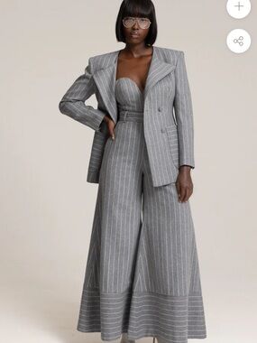The Kemist Highbury Chalk Gray Pinstripe Wide Leg Pants &  Long Sleeve Crop Top